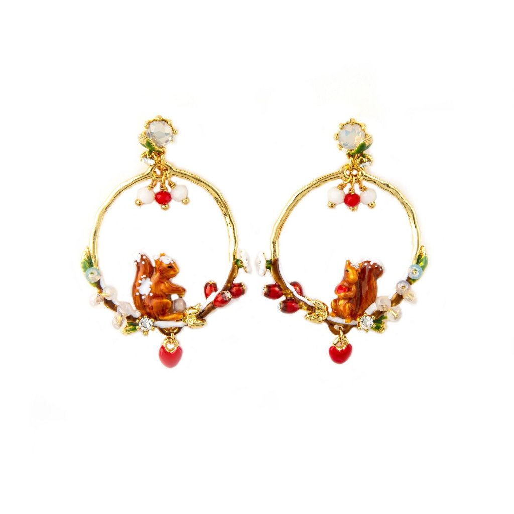 Les Nereides Forest Secret Squirrel Couple On Branch Stud Hoop Earrings